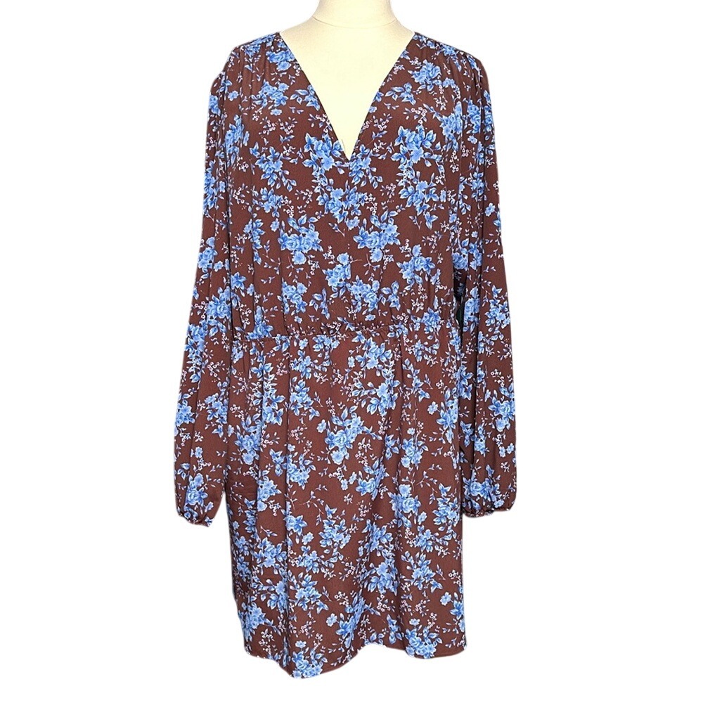 Brown Floral Print V Neck Long Sleeve Smocked Waist Mini Dress Women's
